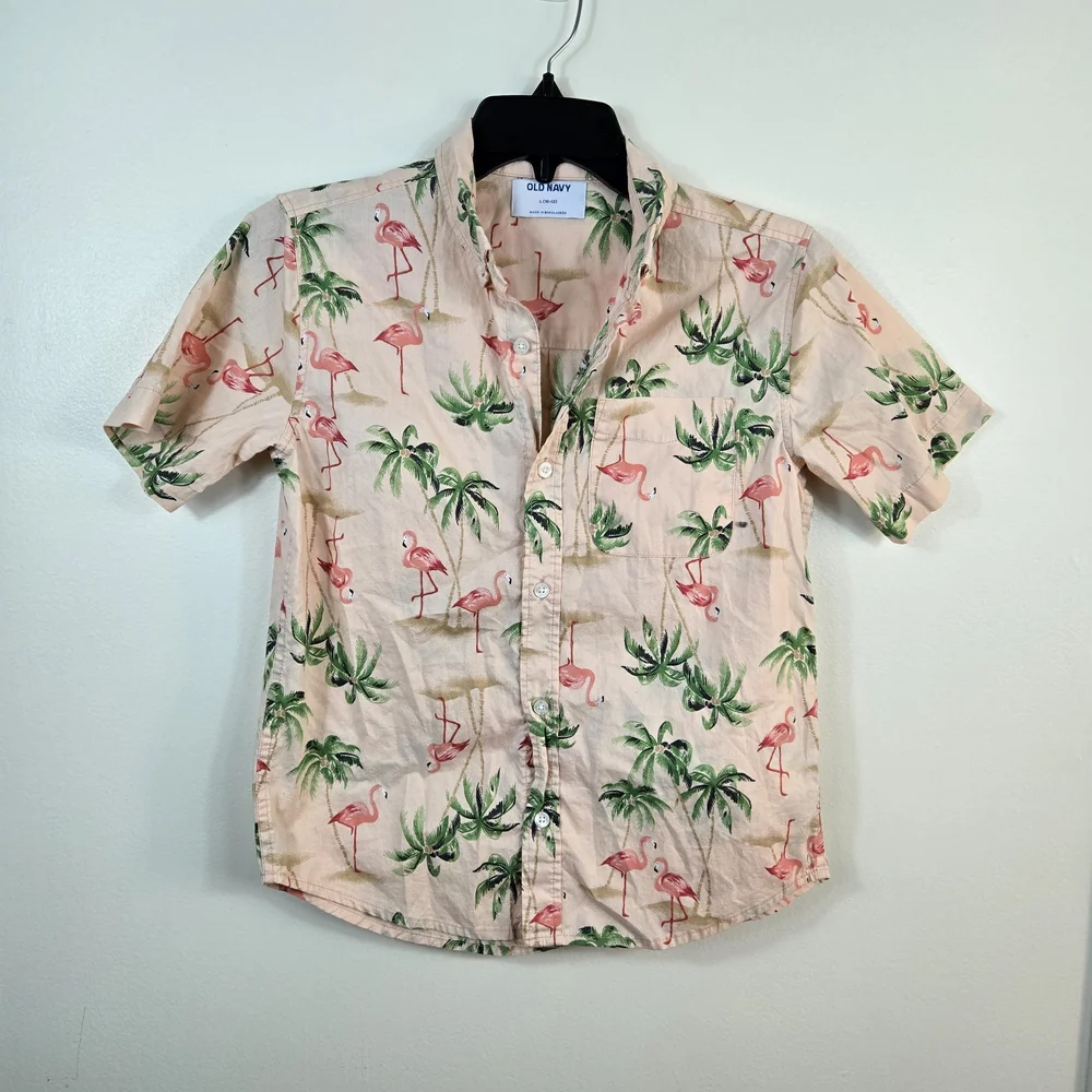 Old Navy Boys Pink Flamingo Palm Tree Short Sleeve Poplin Button Shirt Large